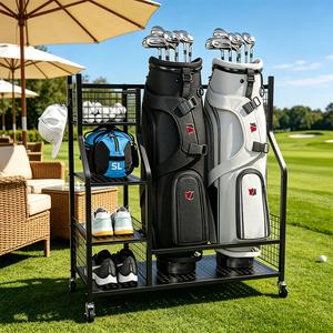Estante de Almacenamiento para Palos de <span class=keywords><strong>Golf</strong></span> para Tiendas de <span class=keywords><strong>Golf</strong></span> y Clubes, Soporte Rodante Doble para Bolsas de <span class=keywords><strong>Golf</strong></span> con Cestas de Malla y Estantes para Zapatos - Product Image 6