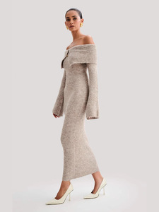 2025 Mùa Thu Thanh Lịch Màu Sắc Tinh Khiết Dài Tay Áo Vai Tắt Cơ Thể Phù Hợp Đan Maxi Dress Áo Len Ăn Mặc Phụ Nữ - Product Image 2