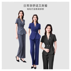 Women's Short Sleeve <b>Blazer</b> Suit <b>Set</b> Breathable Worsted Wide Leg Pants Office Lady Work Uniform - Product Image 5