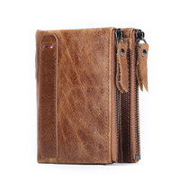 Dompet Pendek Kulit Asli dengan Dua Resleting, Banyak Slot Kartu, Kantong Koin, Dompet Lipat Kulit Sapi Vintage untuk Pria, Penggunaan Sehari-hari Kasual.
