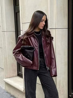 ZEVITY – veste en simili cuir rouge vin, style streetwear, pour l'automne et l'hiver, vêtement d'extérieur tendance, fermeture éclair standard, col rabattable, manteaux en PU