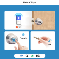 Cerradura Inteligente con Perilla Redonda y Aplicación Tuya, Entrada sin Llave, para Puertas Interiores de Madera, Llave Biométrica con Huella Dactilar, Cerradura Inteligente de Aluminio con Perilla