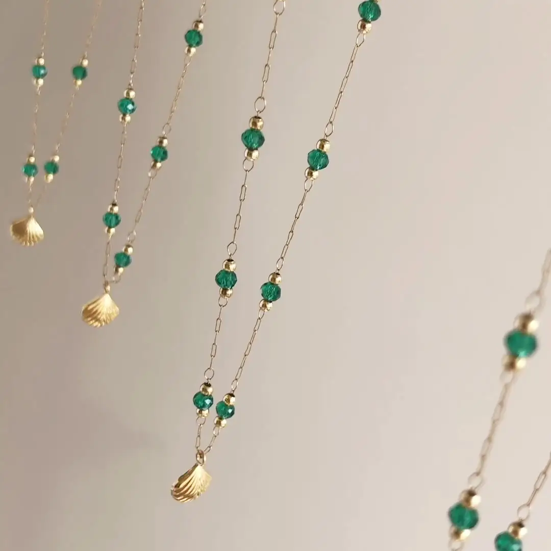 Womens Fine Jewellery Boho Choker Chain 18k Carat Gold Plated Stainless Steel Shell Green Natural Stone Bead String Necklace