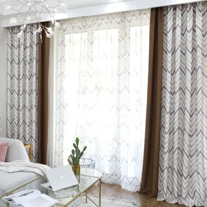 中国窗帘最低价批发环保波浪图案印花蓝色客厅遮光窗帘