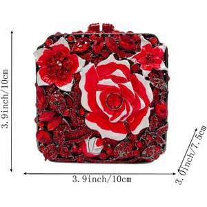 กระเป๋าคลัทช์ผู้หญิงประดับเพชร กระเป๋าทรงสี่เหลี่ยมสำหรับงานกลางคืน ซับในผ้าซาติน หนังไมโครไฟเบอร์สังเคราะห์ สีแดง - Product Image 2