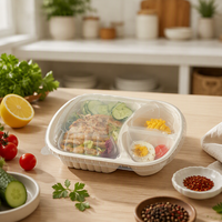 Boîte alimentaire jetable biodégradable avec couvercle haut, à compartiments simples ou doubles, en pulpe de cellulose