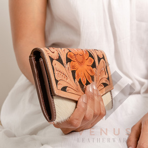 High Quality Women's Genuine Leather Purse Wallet Fashionable <b>Long</b> Design Clutch <b>Bag</b> with Open Closure and Decorative Feathers - Product Image 5