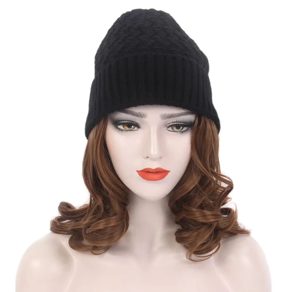 STfantasy Women Winter Knit Beanie Cap Wig Brown Long Synthetic Hair Hat Wig For Women