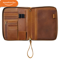 AssurePrint Plus Étui de voyage rigide en cuir véritable fait main avec sangle de poignet, pochette zippée et étui pour carnet A5 rechargeable