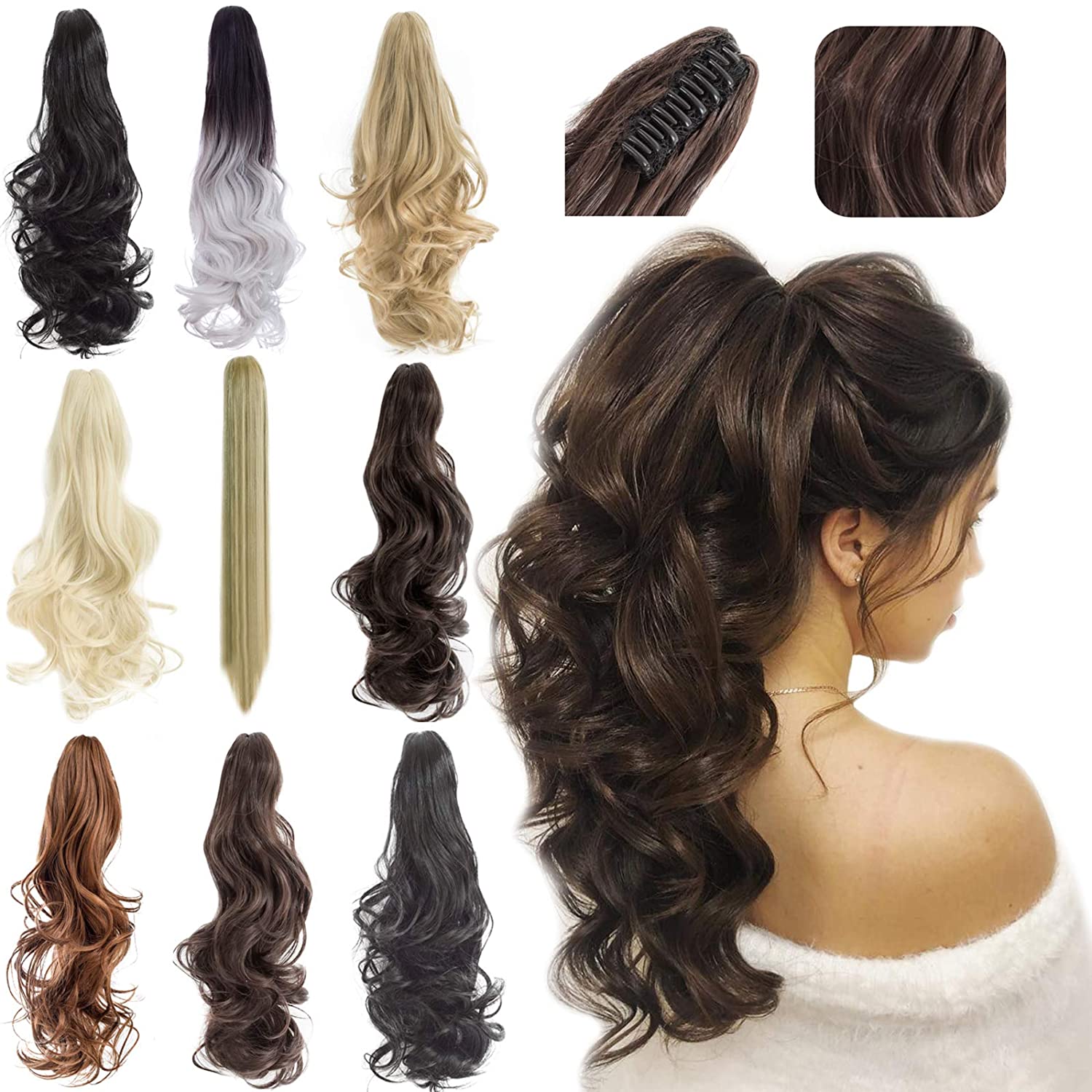 HIgh quality 16 inch One Piece Small wavy claw clip ponytail curls for Women Ash Blonde Mix Brown