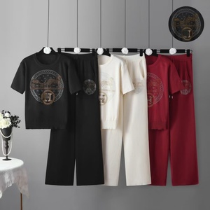 Conjunto Casual de Punto de Seda Helada 2026 para <span class=keywords><strong>Mujer</strong></span>, <span class=keywords><strong>Verano</strong></span>, Manga Corta, <span class=keywords><strong>Pantalones</strong></span> Anchos Drapeados, Ajuste Holgado, Antiarrugas, Patrón Geométrico/3D - Product Image 1