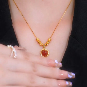 Titanium Steel Red Agate Pendant Necklace For Women Geometric Ball Shape Bezel Setting Gift Jewelry Collarbone Chain - Product Image 4