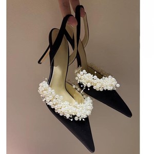 Escarpins à talons aiguilles pour femmes, à bout pointu et bride arrière, faits main, ornés de grappes de perles, pour mariage, mariée, soirée, vente en gros - Product Image 3