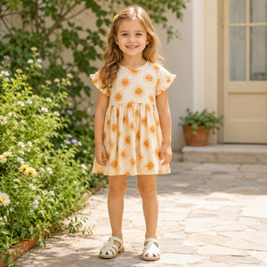 Abiti Estivi per Bambine con Stampa Floreale in Misto Cotone, Vestiti Casual a Maniche Corte al Ginocchio per Bambini, Personalizzabili OEM con Etichetta Privata - Product Image 3