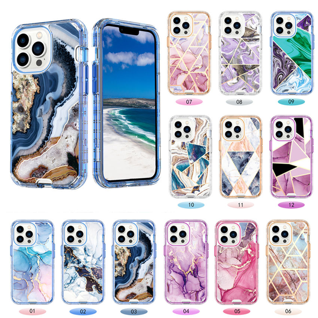 Marble Phone Cases for iPhone 16 Pro Max 15 Plus 14 13 12 Mini 11 XR 7 Plus 3in1 Heavy Duty Shockproof Protection Cover