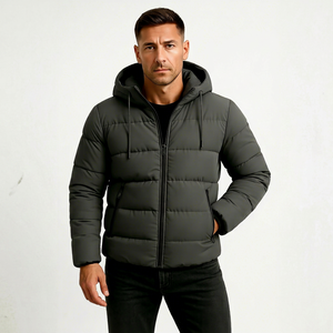 Chaqueta Acolchada con Capucha para Hombre, Color Gris, Cierre de Cremallera, Impermeable, Resistente al Viento, Informal, para Invierno, Relleno de Poliéster, Logotipo Frontal, Corte Regular - Product Image 1