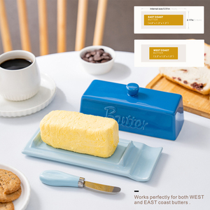 Beurrier en céramique émaillée bleue avec couteau - Récipient à beurre bicolore pour la cuisine à domicile - Product Image 5