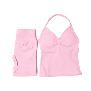 طقم رياضي نسائي من قطعتين قابل للتنفس، توب بدون ظهر وشورت ضيق بدون خياطة، ملابس رياضية للتمارين - Product Image 2