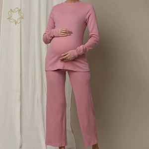 <span class=keywords><strong>Pijama</strong></span> de maternidad de manga larga de algodón orgánico para embarazadas, <span class=keywords><strong>pijama</strong></span> de <span class=keywords><strong>lactancia</strong></span> acanalado ecológico - Product Image 4