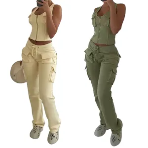 New Custom Fashion Women'S 2 Sets French Terry Zip Up Jacket Sleeveless Cargo 3D Pockets Jogger 2 Piece Outfits Pants Set