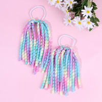 Pita Rambut Keriting Model Kuncir Tinggi dengan Ikat Rambut Pelangi Warna-warni, Pita Grosgrain Elastis Spiral untuk Acara Cheerleading