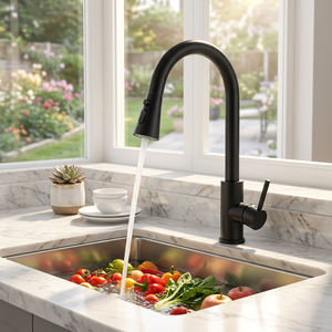 Modern Single Handle Kitchen Faucet Blackened Brass Deck <b>Mounted</b> Pull Down <b>Spray</b> Contemporary Design - Product Image 1