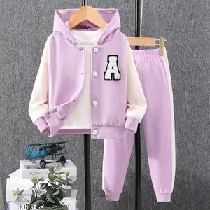 2-8T Roupas Meninas Set Carta Com Capuz Patched Jacket Sweatpants 2Pcs Uniforme De Beisebol Outfits 2024 Roupas Para Crianças