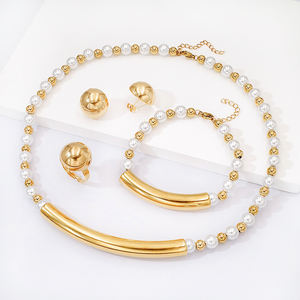 Joyería libre de deslustre de acero inoxidable a la moda, collar de cuentas de perlas chapadas en oro de 18 quilates, conjuntos de 4 Uds., Joyas De Acero Inoxidable Para Mujer - Product Image 5