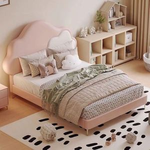 Girls Modern Cloud <b>Bed</b> Full Size Solid Wood Cotton Upholstered Comfortable Soft Frame Cute Cartoon Bedroom - Product Image 4
