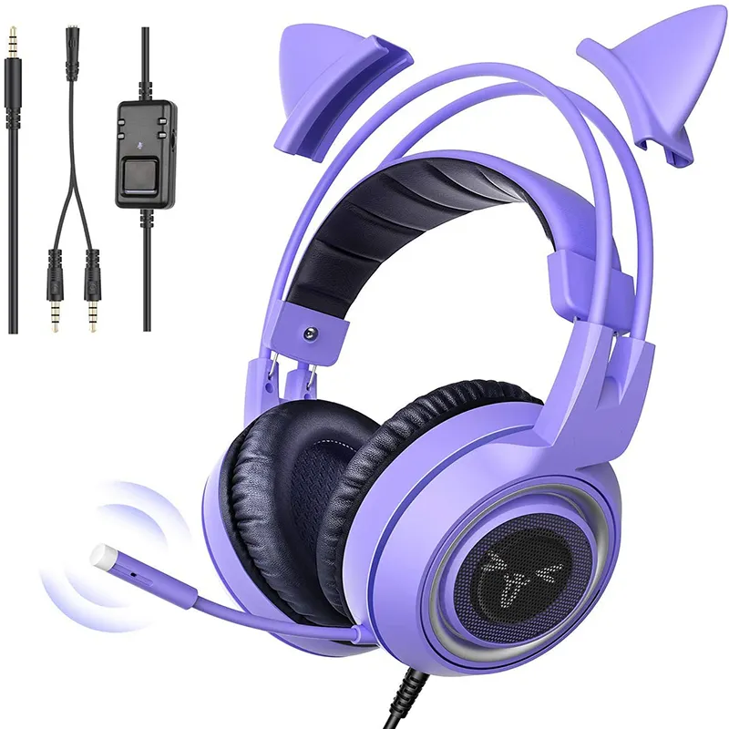 Auriculares con orejas de gato desmontables, cascos con reducción de ruido de 3,5 MM, estéreo, púrpura, 7,1, para videojuegos, con micrófono, para PS4, Xbox One, PC y teléfono