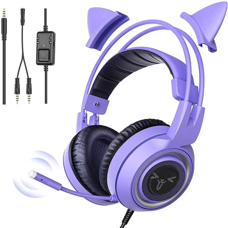 Cuffie staccabili per la riduzione del rumore dell'orecchio di gatto da 3.5MM cuffie da gioco Stereo 7.1 viola con microfono per telefono PC Xbox One PS4