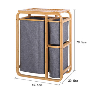Nordic Bamboo Laundry Basket With <b>Shelf</b> Gray Cotton Fabric Standing <b>Organizer</b> For Home Use - Product Image 5