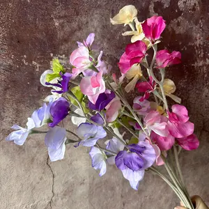 Flores artificiales de guisante dulce Flocado de un solo tallo decorativo de precio barato para eventos