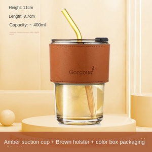 <span class=keywords><strong>Mug</strong></span> à café en verre <span class=keywords><strong>transparent</strong></span> personnalisé de qualité supérieure avec couche en cuir, couvercle et paille, pour boissons, jus et lait - Product Image 6