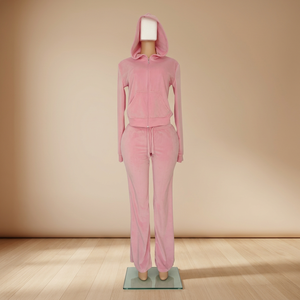 Ensemble de sweat-shirt à capuche en velours rose pour femmes, haut à fermeture éclair à manches longues, pantalon droit, tenue décontractée en 2 pièces, coupe ample pour toutes les saisons - Product Image 2