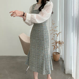 In puro poliestere autunno <span class=keywords><strong>inverno</strong></span> Casual Vintage tinta unita con colletto quadrato <span class=keywords><strong>senza</strong></span> <span class=keywords><strong>maniche</strong></span> stile aderente abito di Tweed marrone per le donne - Product Image 5