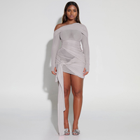 Robe mini asymétrique rose personnalisée par le fabricant, à épaules dénudées, froncée, en maille, à manches longues, avec lien latéral, pour soirée, vente en gros OEM