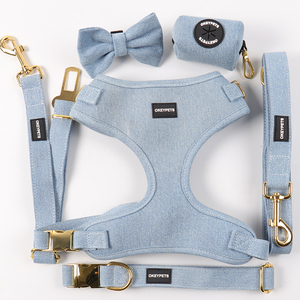 Printed Mesh Denim Collar Cowboy Jean <b>Dog</b> Custom Personalized Logo Pet <b>Leash</b> and Harness Set - Product Image 3