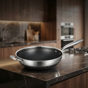 Wok Antiadherente de Acero Inoxidable FLEY con Diseño de Panal de Abeja, Mango Reforzado Resistente al Calor, Utensilio de Cocina sin Recubrimiento para el Hogar y Restaurantes - Product Image 1
