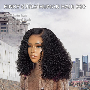 Perruque Courte Bouclée Kinky Bob en Cheveux Remy Densité 200% avec Fermeture en Dentelle 13x4, Ondulations Profondes Brésiliennes 4x4 pour Perruque - Product Image 2