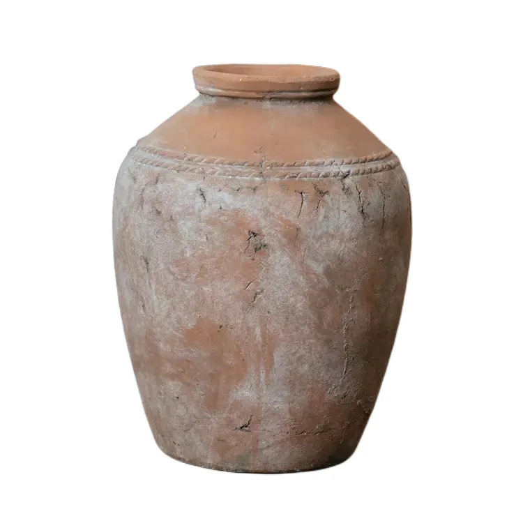 Terracotta handmade antique textured round garden decoration pot rustic home vintage flower vase