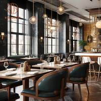 Ensemble de mobilier de restaurant moderne, chaises en cuir marron avec dossier incurvé et tables rondes en bois pour café
