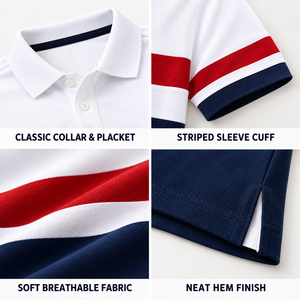 เสื้อโปโลสามสี แดง ขาว และน้ำเงิน สกรีนโลโก้ได้ แขนสั้น ตัดต่อสี ผ้าสปอร์ตยืดได้ 4 ทิศทาง - Product Image 2