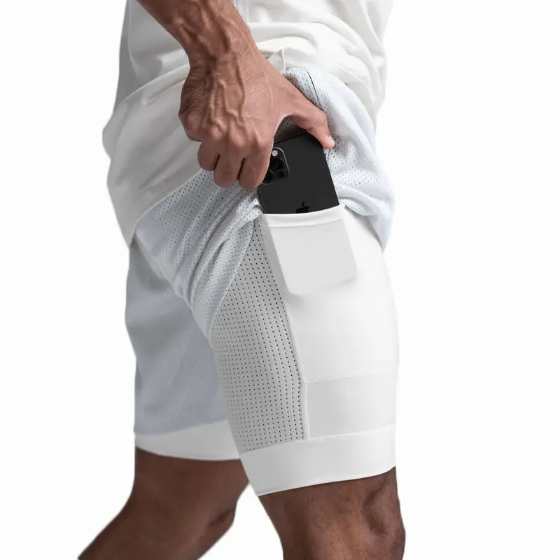 Custom Polyester Mens Double Layer Sport Running Shorts 2 In 1 Gym Training Shorts With Inner Pockets