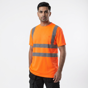 Custom Logo Short Sleeve Hi <b>Vis</b> Safety Reflective Breathable Polyester/Cotton <b>T</b>-<b>Shirts</b> Work Wear <b>High</b> Quality with Pocket - Product Image 1