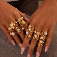 Anillo Ajustable de Acero Inoxidable 316L Chapado en Oro Fino de 14k y 18k, con Perla Natural de Agua Dulce y Diseño de Flor, para Mujer