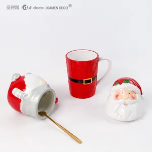 Navidad logotipo personalizado cerámica 3D Santa Claus taza café té taza conjunto con tapa