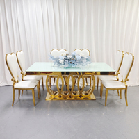 Mesa de Comedor de Lujo de Acero Inoxidable Dorado con Cubierta de Vidrio Templado, Adecuada para Decoración de Fiestas y Alquiler