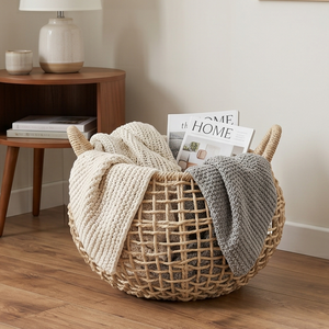 Open Weave Natural Water Hyacinth <b>Round</b> <b>Basket</b> with Handles, Decorative Boho <b>Wicker</b> Storage Bin for Living Room - Product Image 5