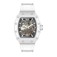 TIME TOKEN Montre ovale squelette pour homme Mouvement automatique Boîtier en plastique transparent Bracelet en silicone étanche Affichage du cadran analogique